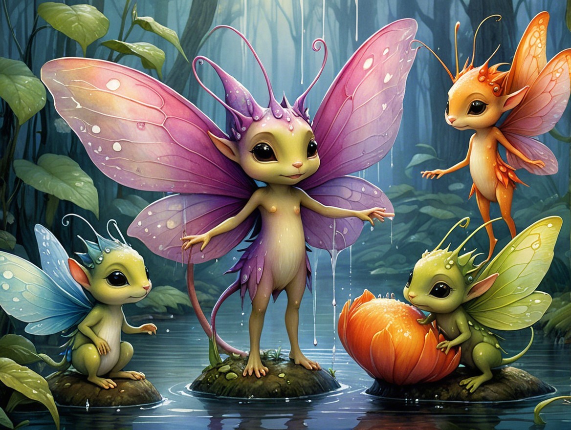 Colorful Fairies Gather in a Lush Forest Setting