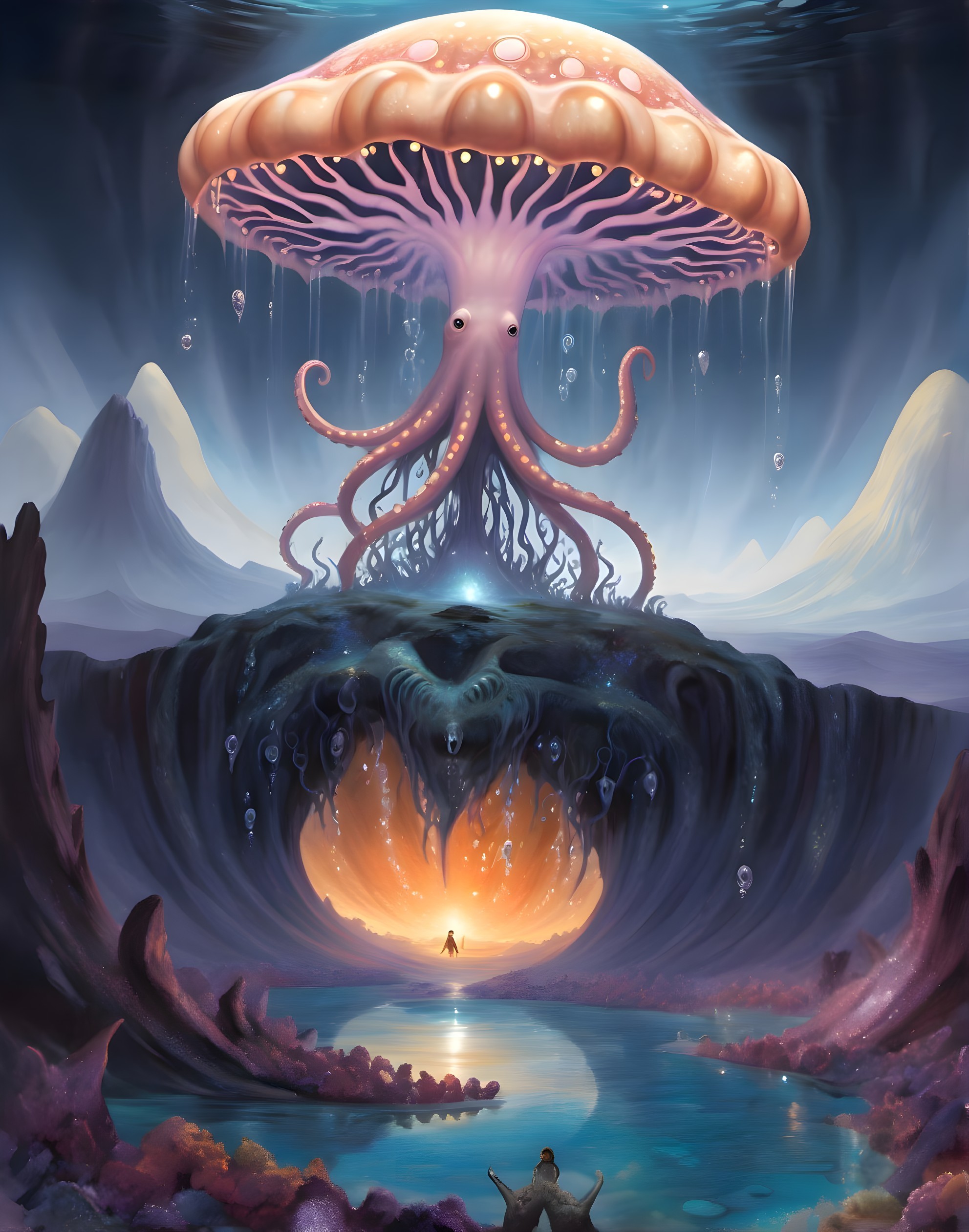 Giant jellyfish over mystical cavern with glowing center, waterfalls, and person in boat.