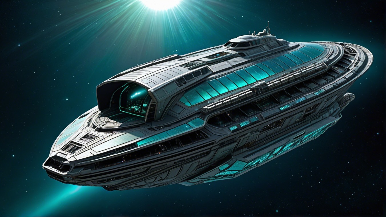 Futuristic spaceship in cosmic scenery with stars