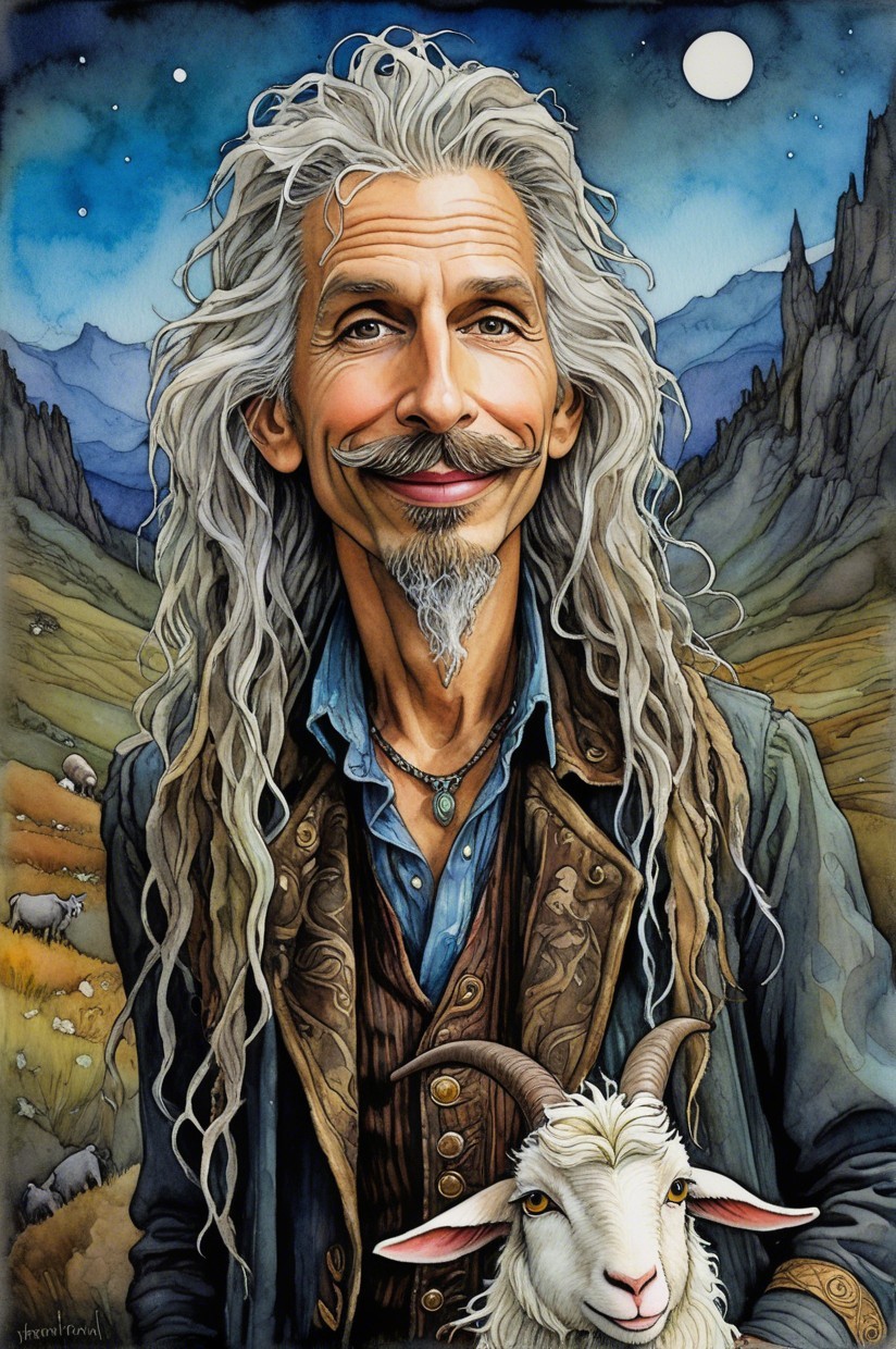 Elderly Man with Goat in Scenic Moonlit Landscape