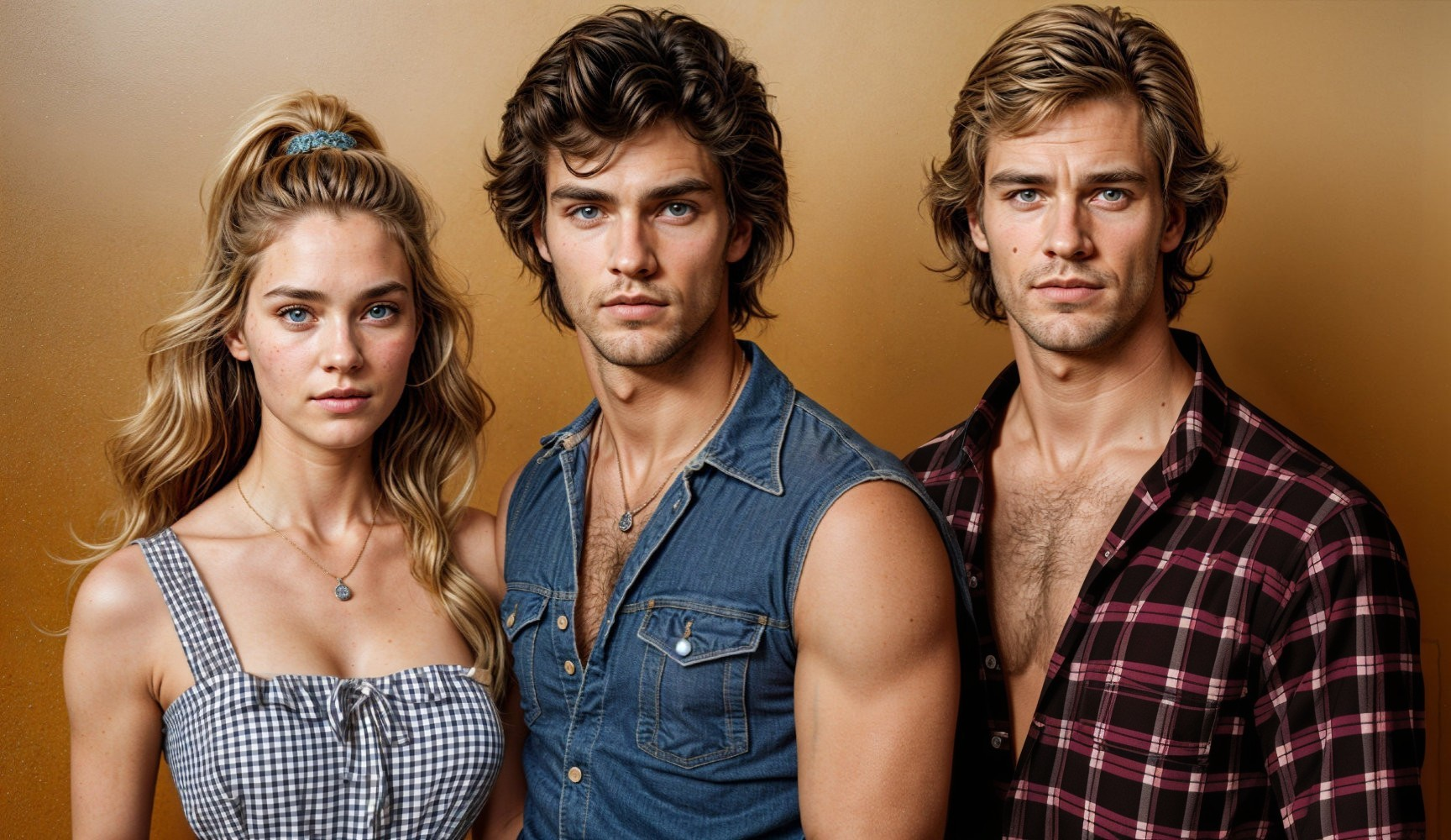 Young Adults Posing in Casual Attire Against Orange Backdrop