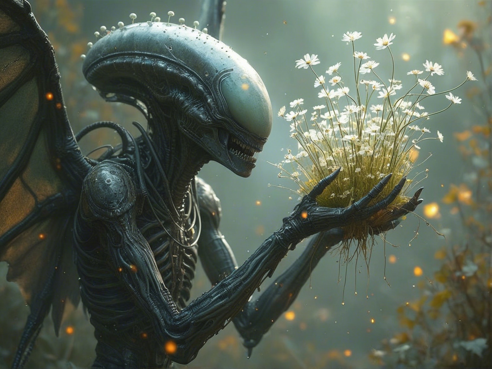 Futuristic Biomechanical Creature in Misty Forest
