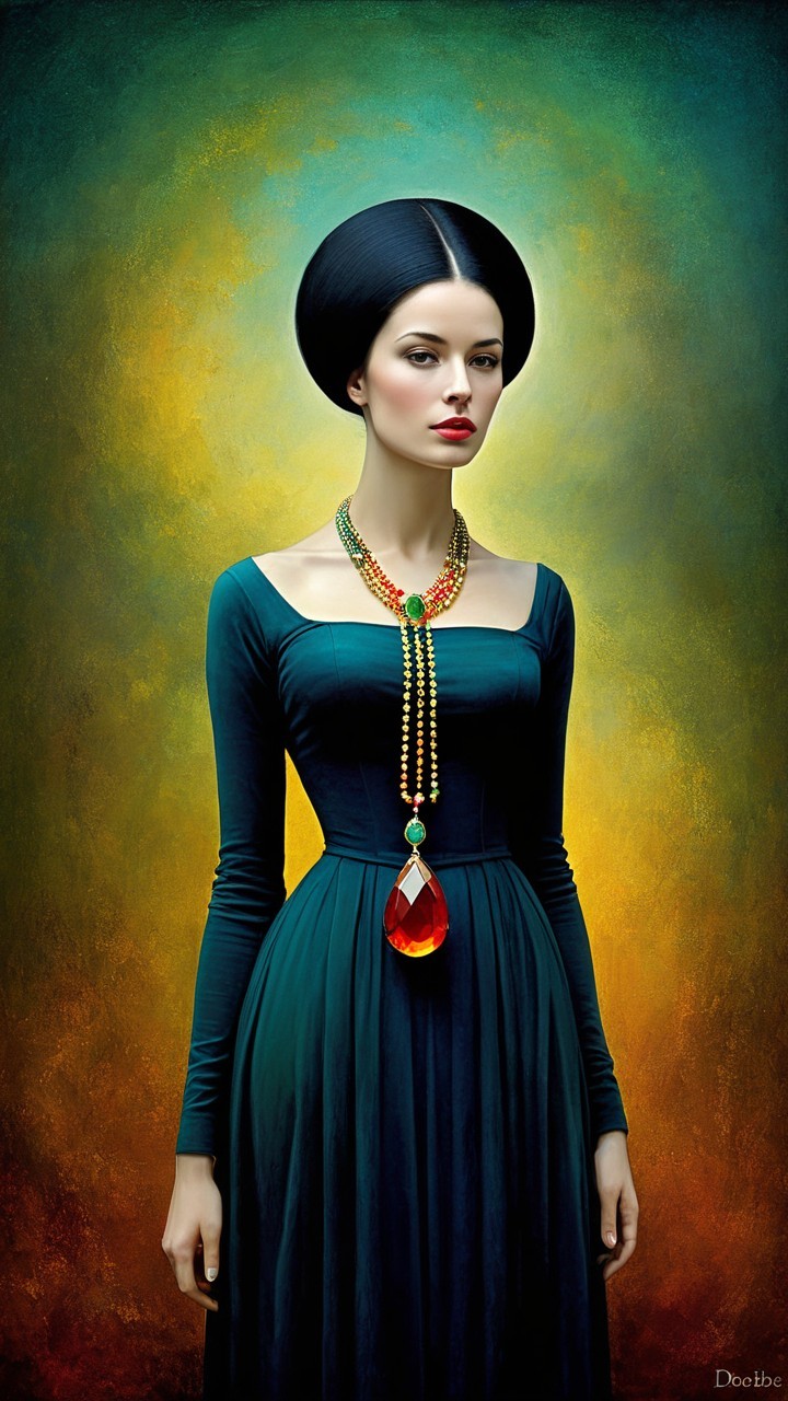 Young woman in deep green dress with ornate necklace