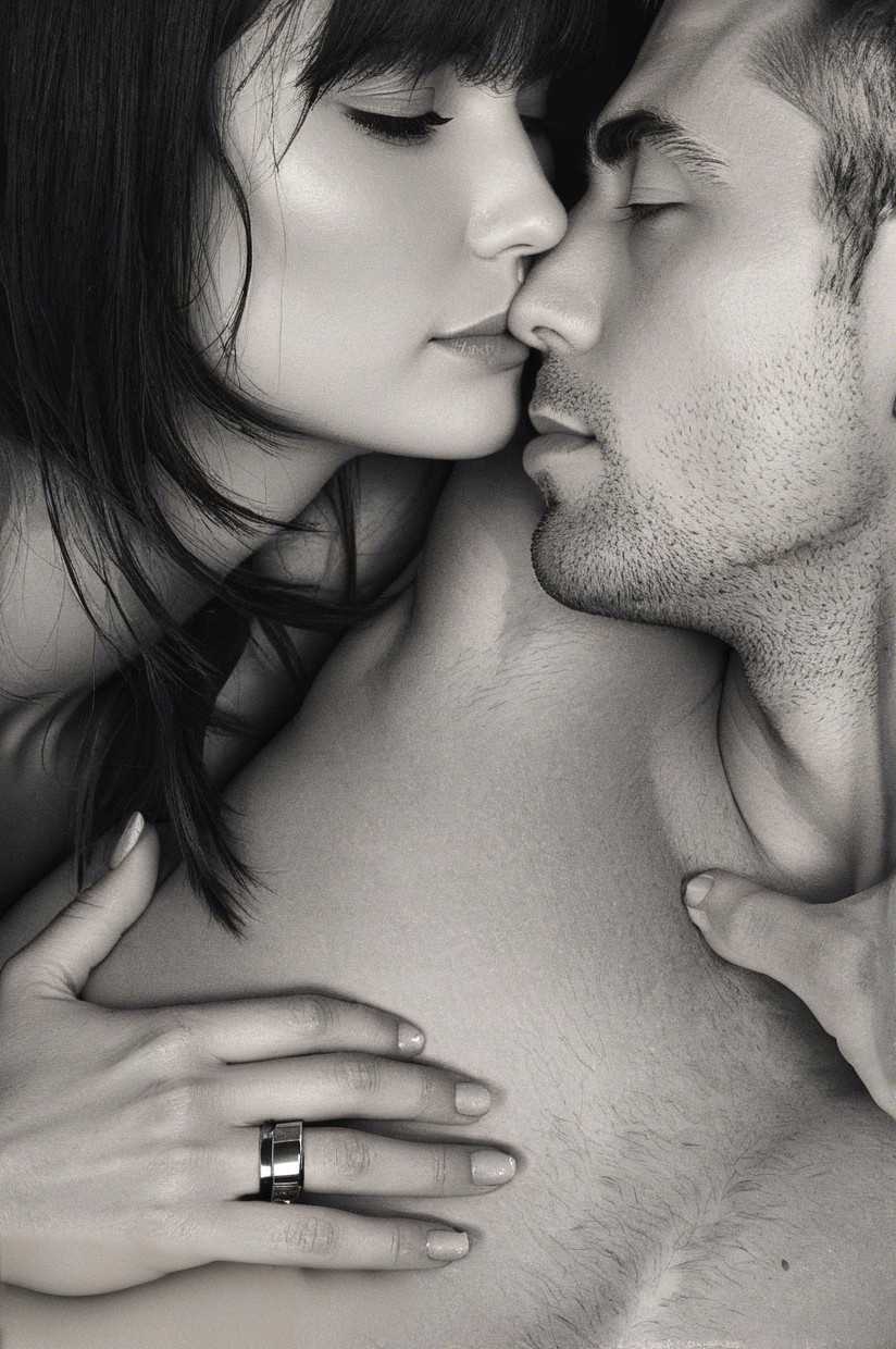 Black-and-white portrait of a couple's intimate moment
