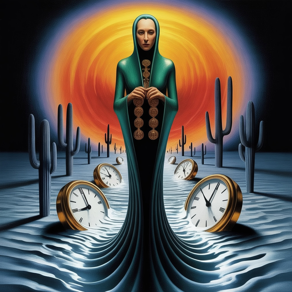 Mysterious Figure in Teal Robe Against Sunset Landscape