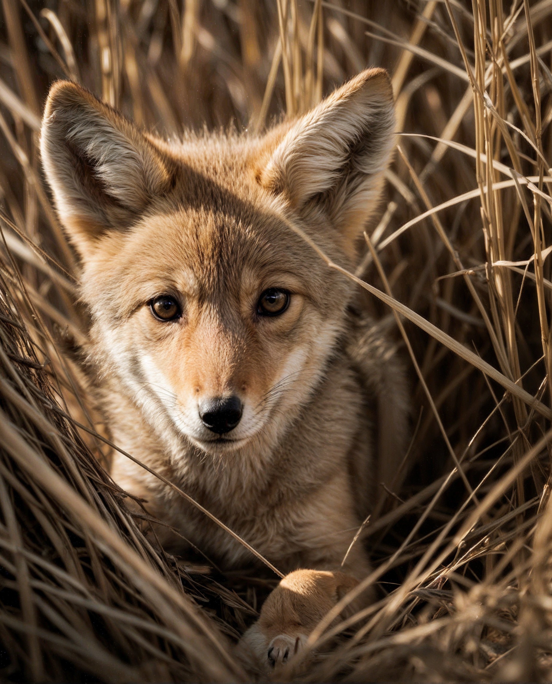 Young fox in golden grasses with curious gaze