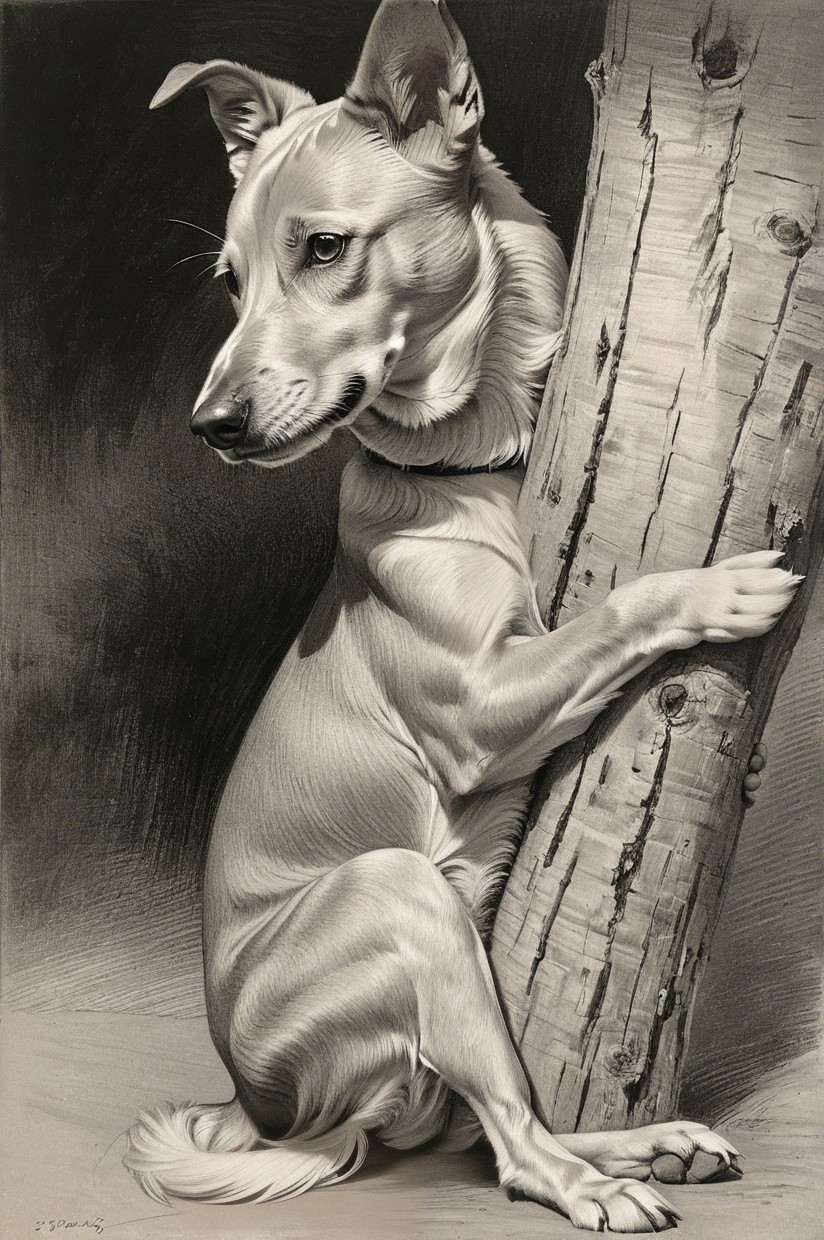 Monochromatic Illustration of a Gentle Dog by a Tree