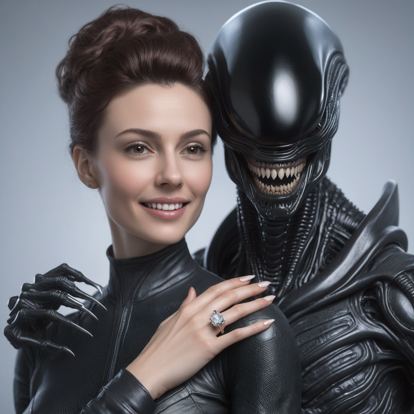 Elegant Woman and Menacing Creature Contrast in Image