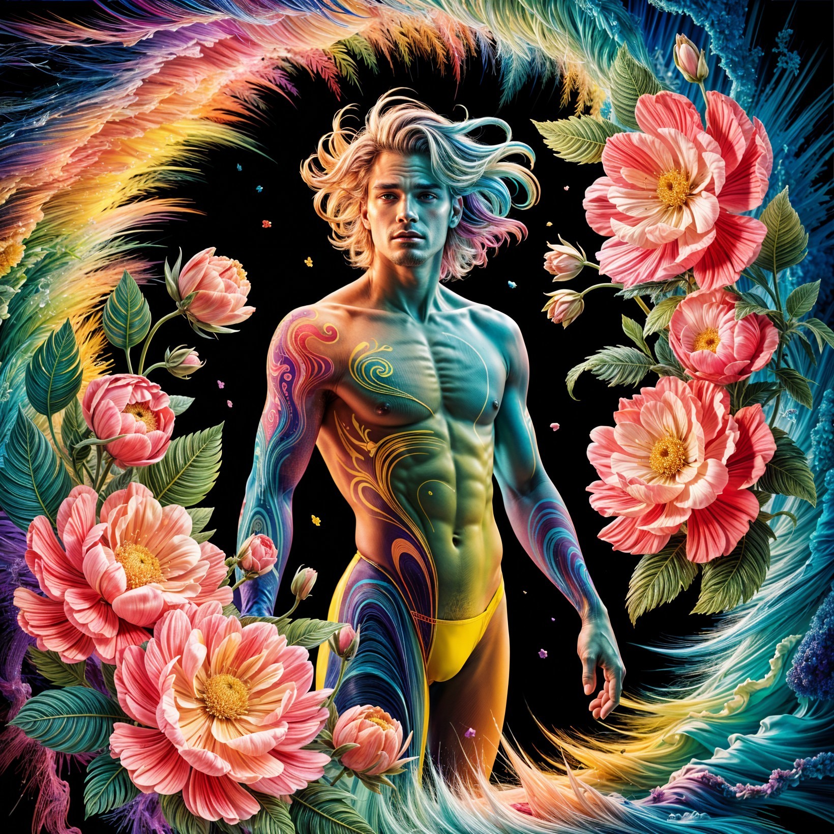 Muscular Young Man Amidst Vibrant Rainbow Background