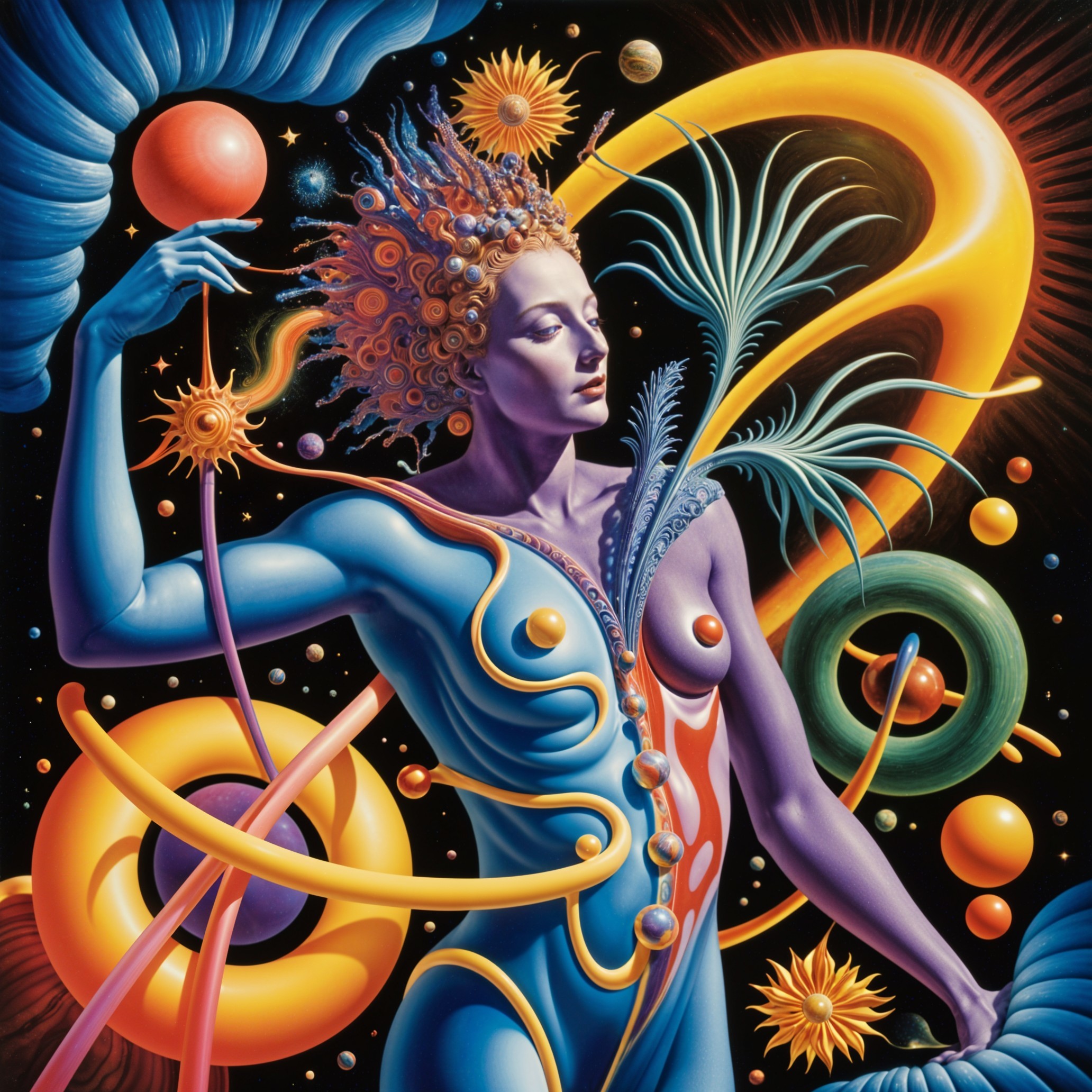 Surreal Figure with Blue Skin and Cosmic Elements