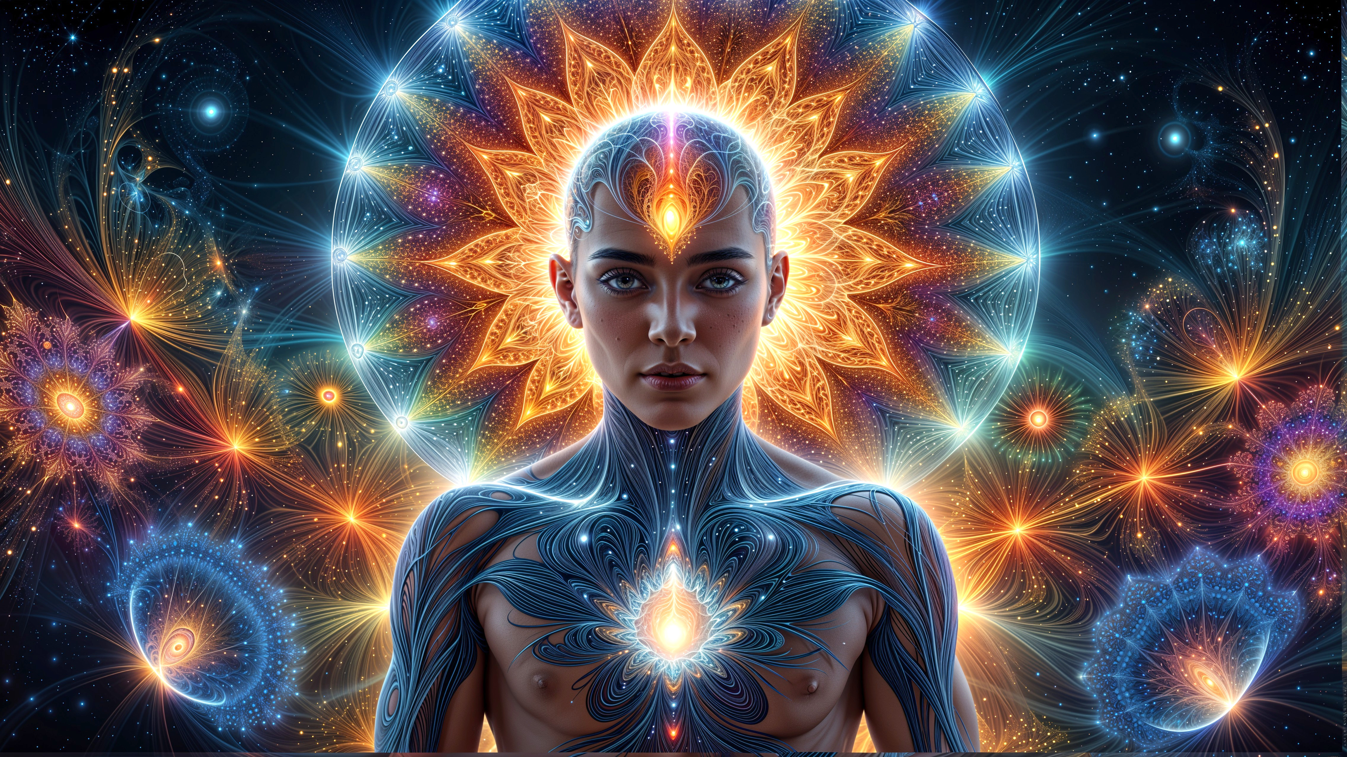 Serene Figure with Illuminated Head and Cosmic Patterns