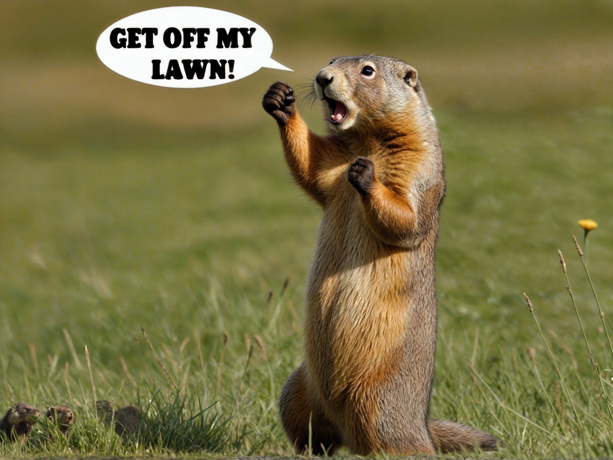 Groundhog in Grassy Field with Playful Expression