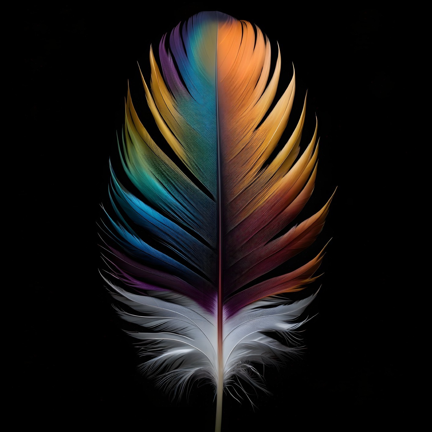 Vibrant Feather with Color Gradient on Black Background