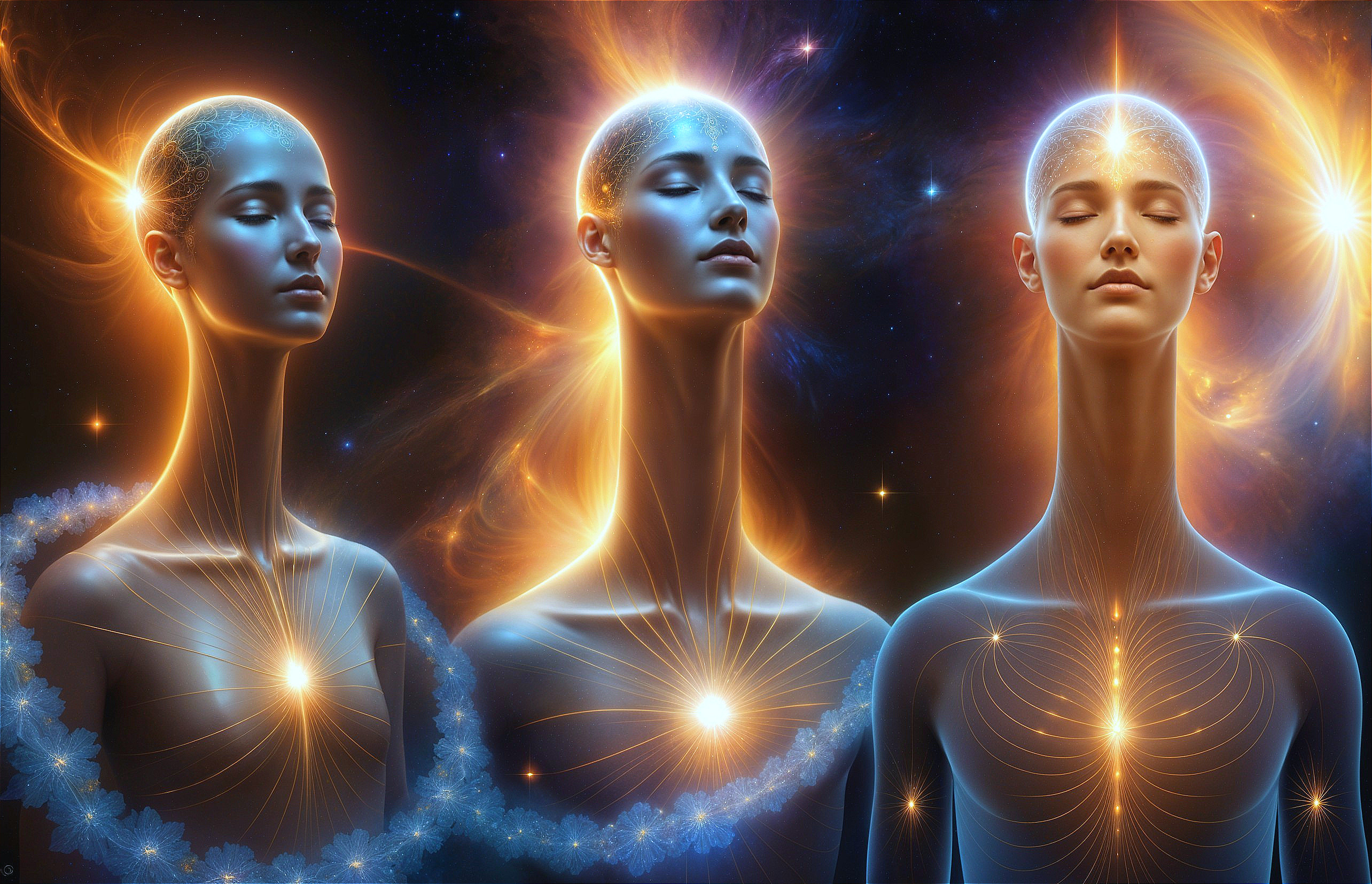 Ethereal Figures Surrounded by Cosmic Elements