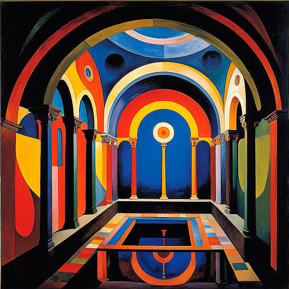 Vibrant Abstract Interior with Arched Structures and Colors