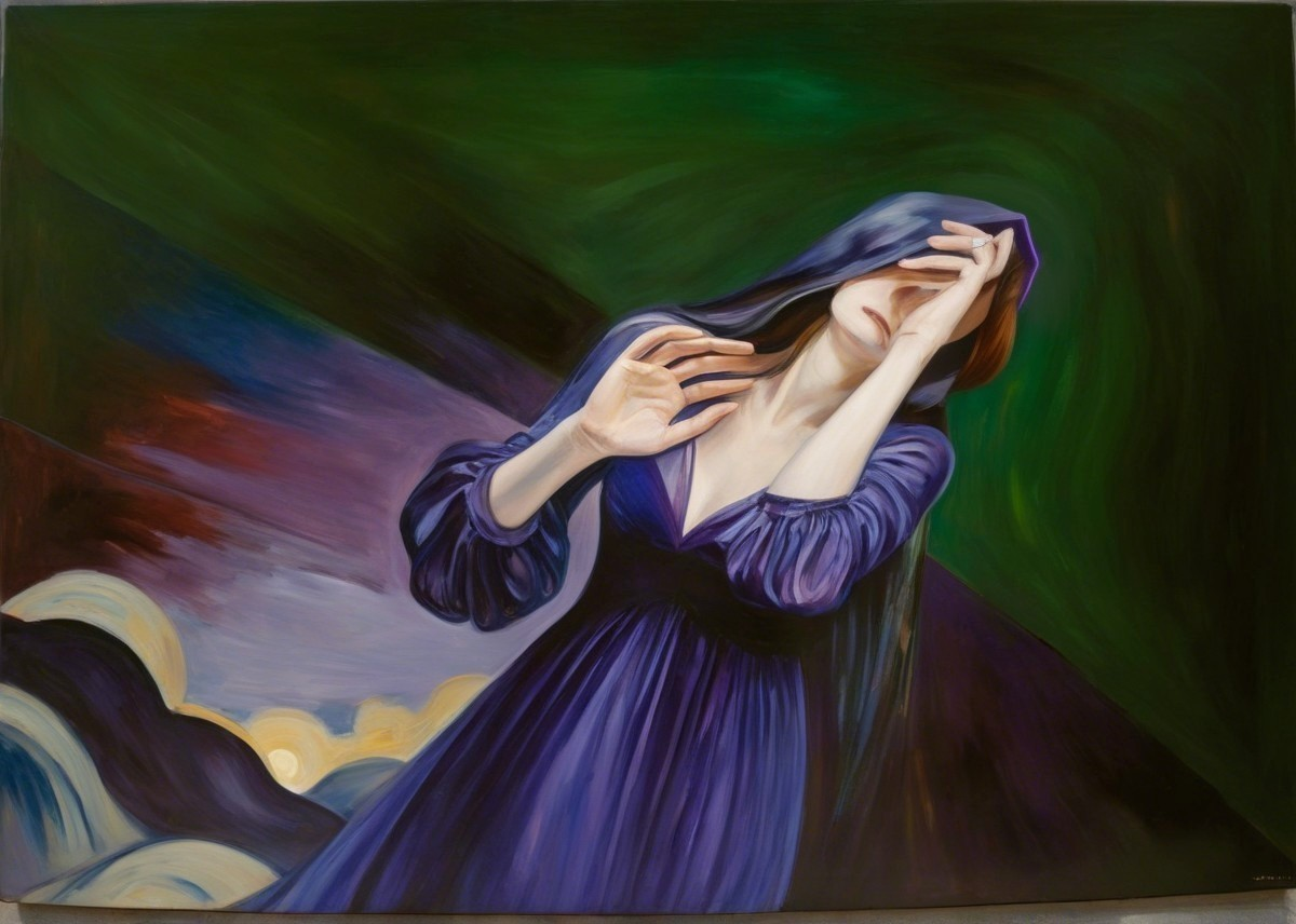 Woman in Purple Dress Against Swirling Green and Blue
