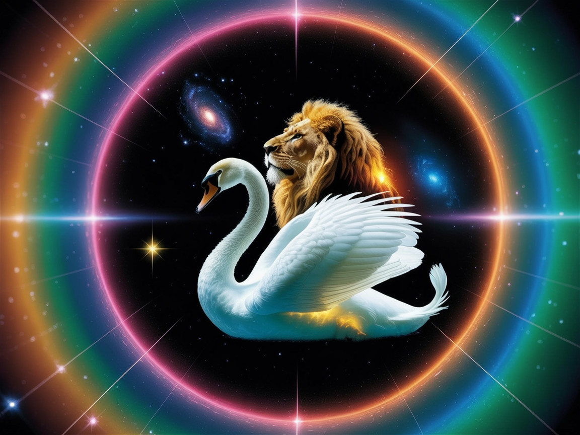 Surreal Scene of Lion and Swan Against Cosmic Background