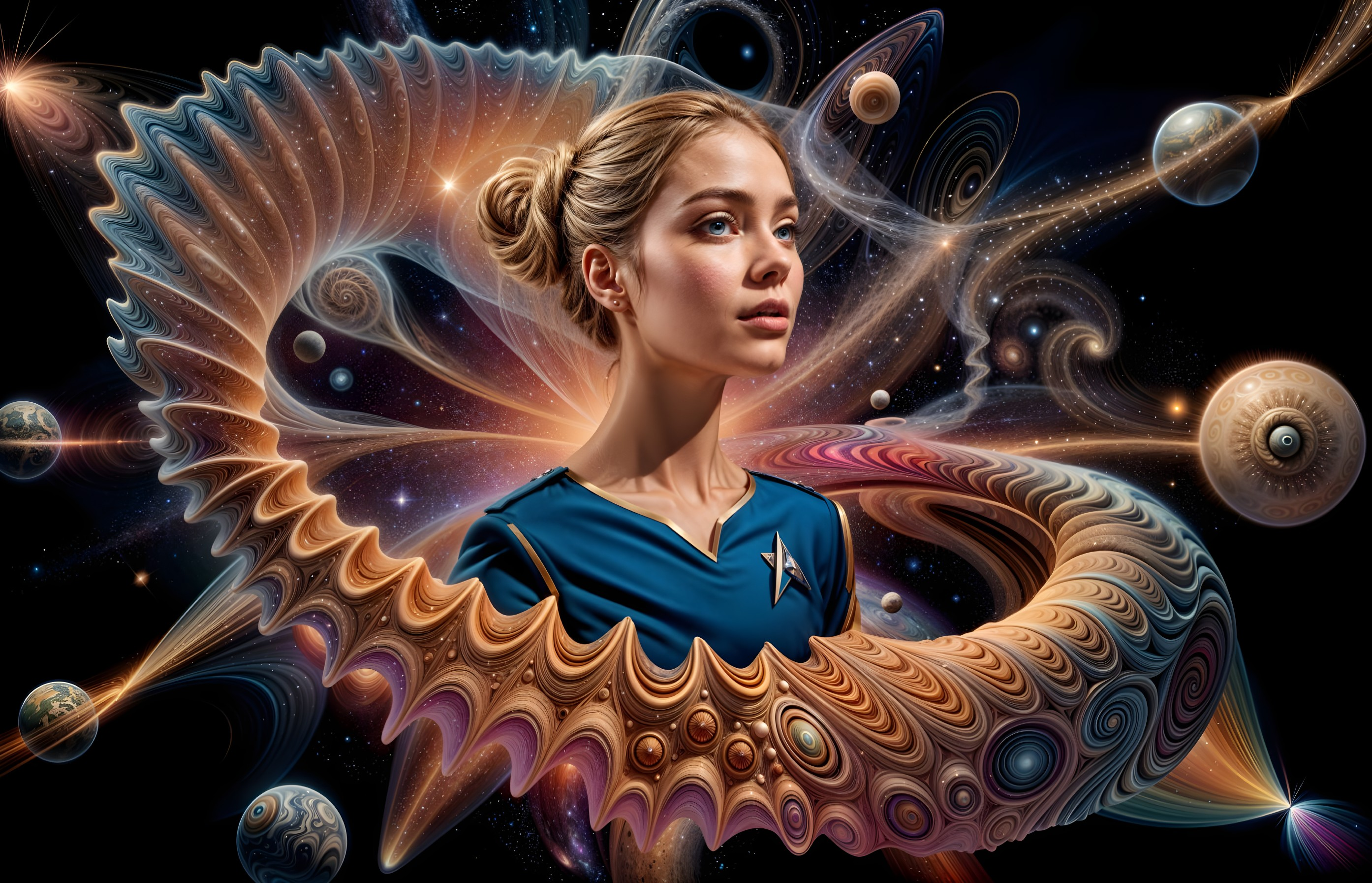 Young woman in blue outfit against cosmic backdrop
