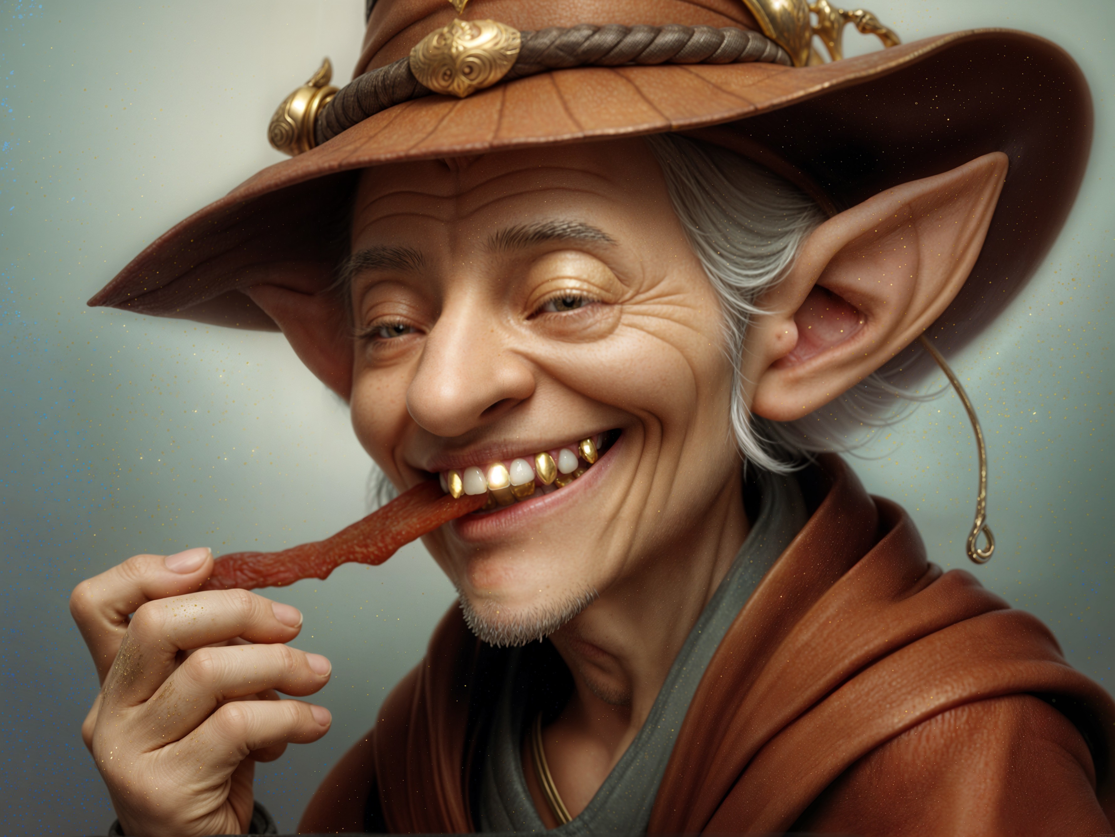 Elderly figure with pointed ears and jerky in teeth