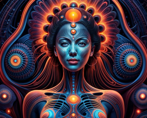 Futuristic Digital Artwork of Ethereal Woman with Patterns