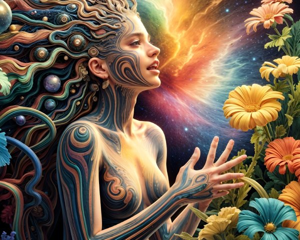 Mystical Female Figure in Cosmic Floral Setting