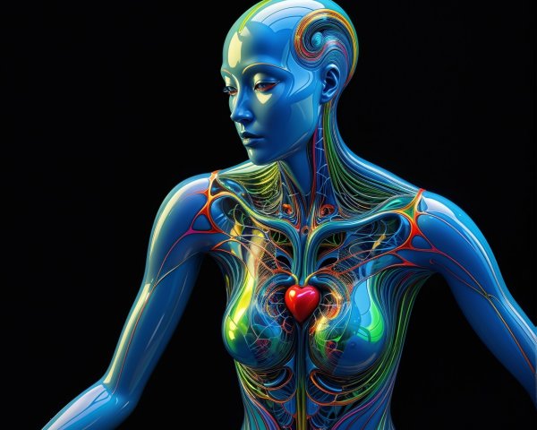 Stylized humanoid figure with vibrant blue exterior and anatomy