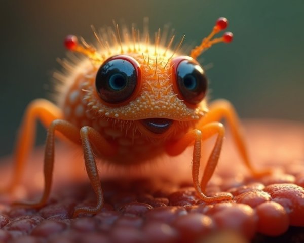 Cartoonish Insect with Glossy Blue Eyes and Orange Body