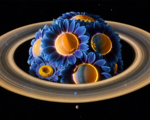 Surreal Cosmic Scene with Vibrant Blue Flowers