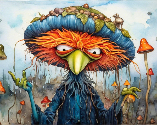 Whimsical Character in Surreal Mushroom Forest