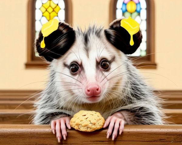Whimsical Possum in Church with Colorful Stained Glass