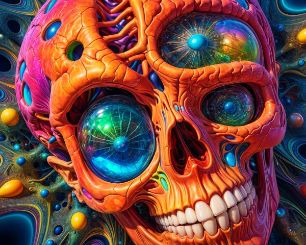 Vividly Colored Skull with Intricate Textures and Patterns