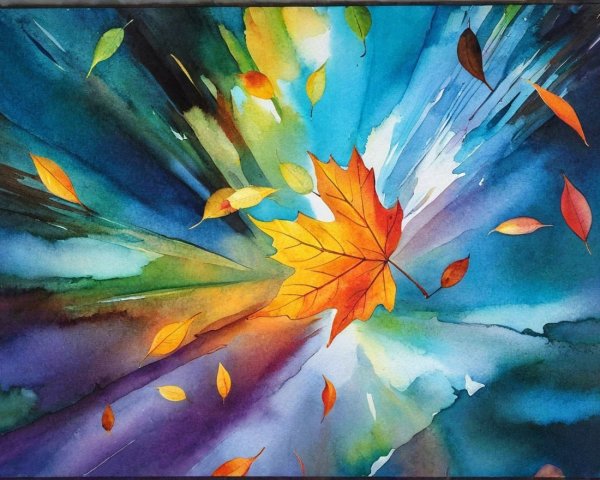 Vibrant Watercolor of Orange Leaf with Blue and Green
