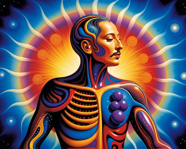 Vibrant Abstract Human Figure with Sunburst Background