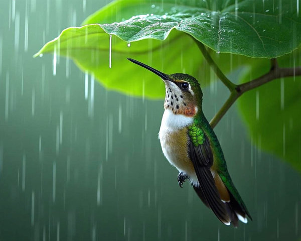Hummingbird Under Leaf in Rainy Nature Scene