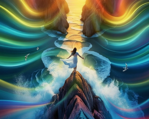 Serene figure in white dress at coastal sunset scene