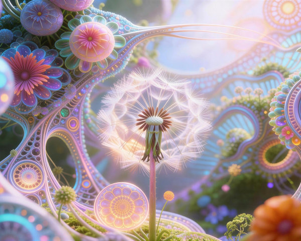 Dreamy Garden with Glowing Dandelion and Plants