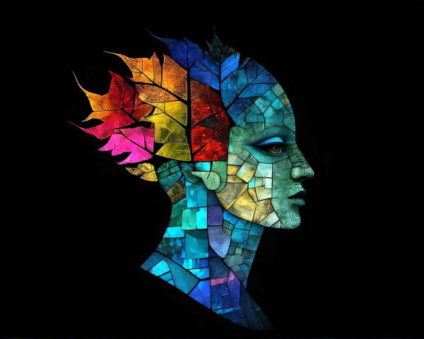 Mosaic Human Face with Colorful Autumn Hair Design