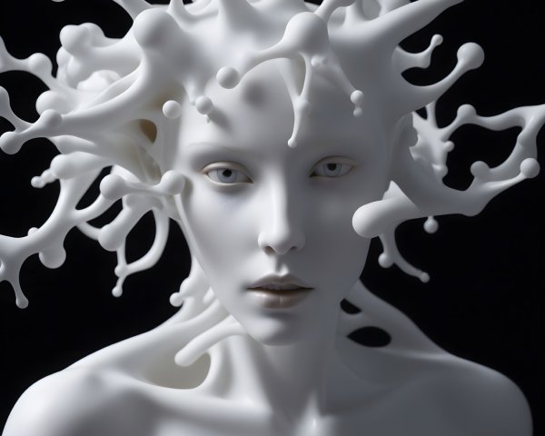 Otherworldly figure with smooth white surface and abstract hair