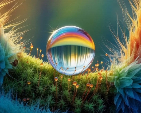 Surreal Landscape with Crystal Droplet and Vivid Plants