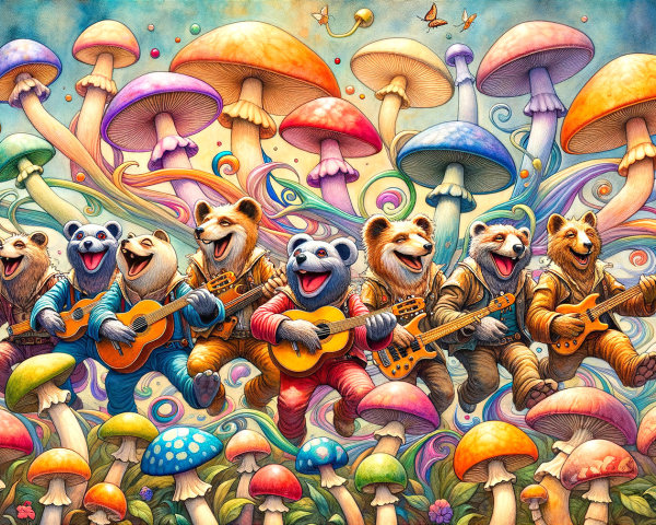 Whimsical Bears Playing Guitars Among Colorful Mushrooms