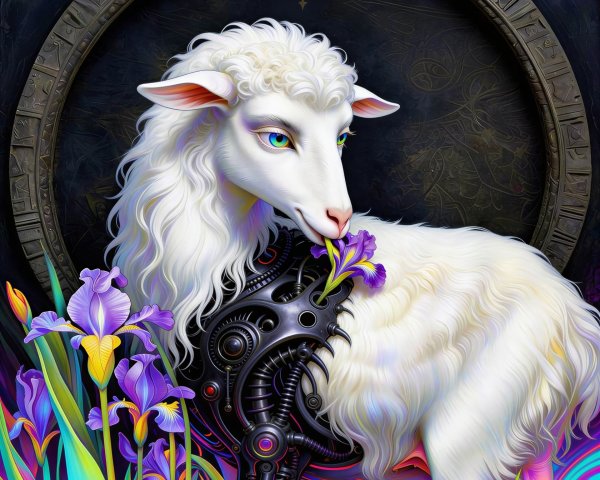 Fantasy Lamb Portrait with Robotic Features and Flowers