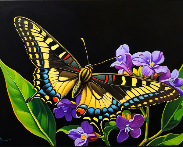 Vibrant Butterfly on Purple Flowers with Black Background