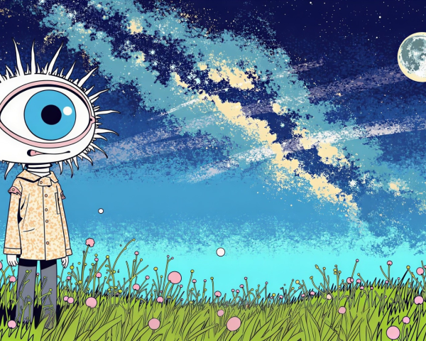 Whimsical Character in Vibrant Field Under Night Sky