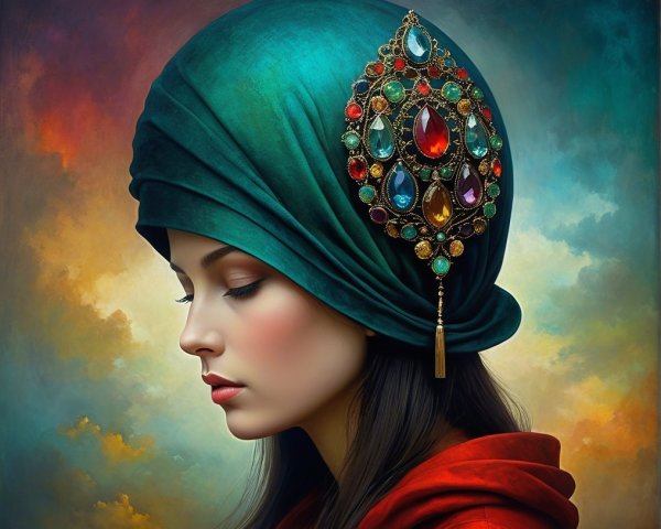 Profile of a Young Woman in Gem-Encrusted Headpiece