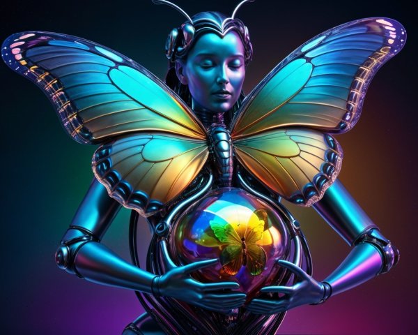 Futuristic Female Figure Merging with Butterfly Elements