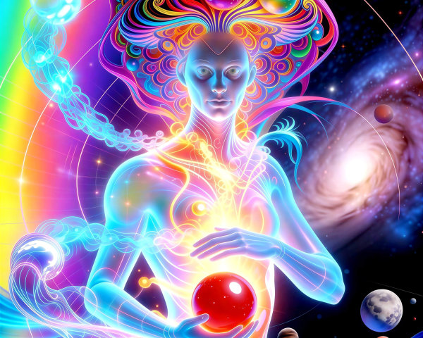 Vibrant digital painting of a cosmic goddess in space