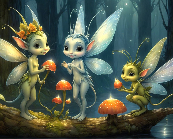 Whimsical Fairies in a Moonlit Forest Gathering