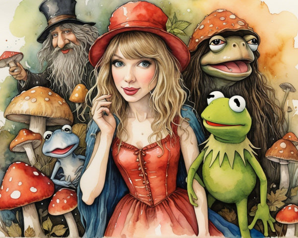 Whimsical Illustration of a Woman in a Red Dress