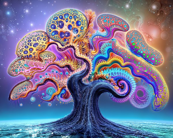 Vibrant Tree of Life Illustration in Cosmic Ocean