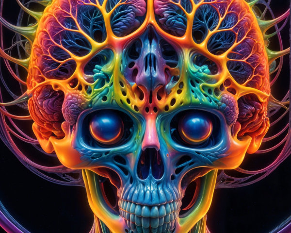 Surreal Skull and Brain Fusion with Vibrant Colors